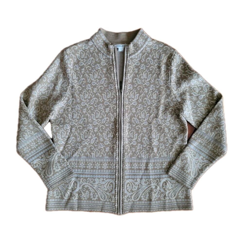 Pendleton 100% Merino Wool Cardigan Beige Sweater Medium Paisley